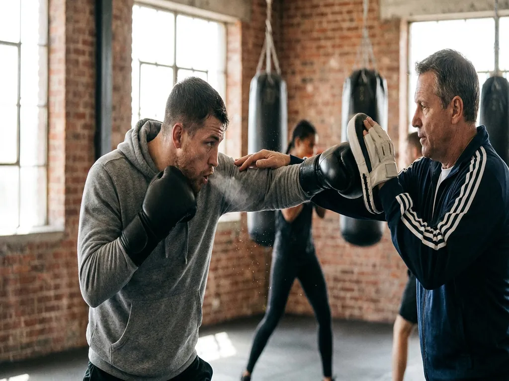 Boxer exhaling on a straight punch while a coach watches shoulder position and relaxed guard
