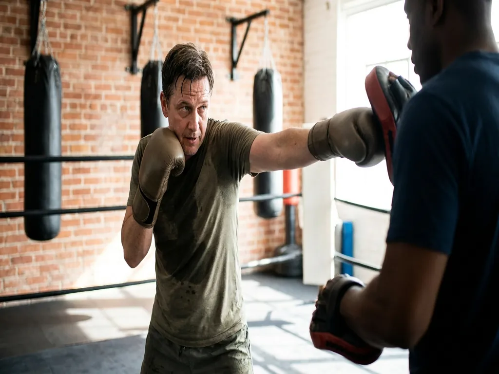 Adult beginner boxer finishing a session with relaxed shoulders and cleaner jab technique in a boxing gym