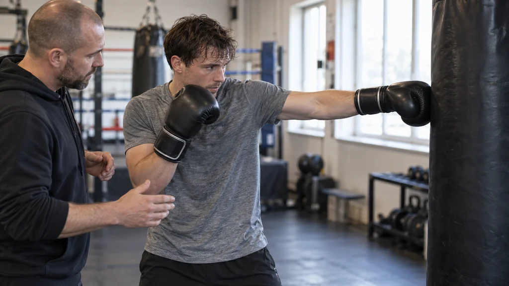 Adult boxer practising a controlled straight punch on a heavy bag while a coach watches hand position
