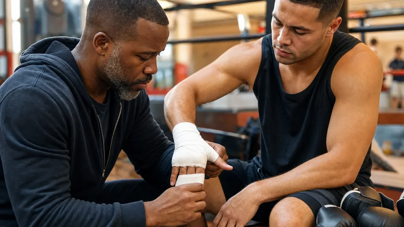 Coach showing a boxer how to build wrist support into a hand wrap