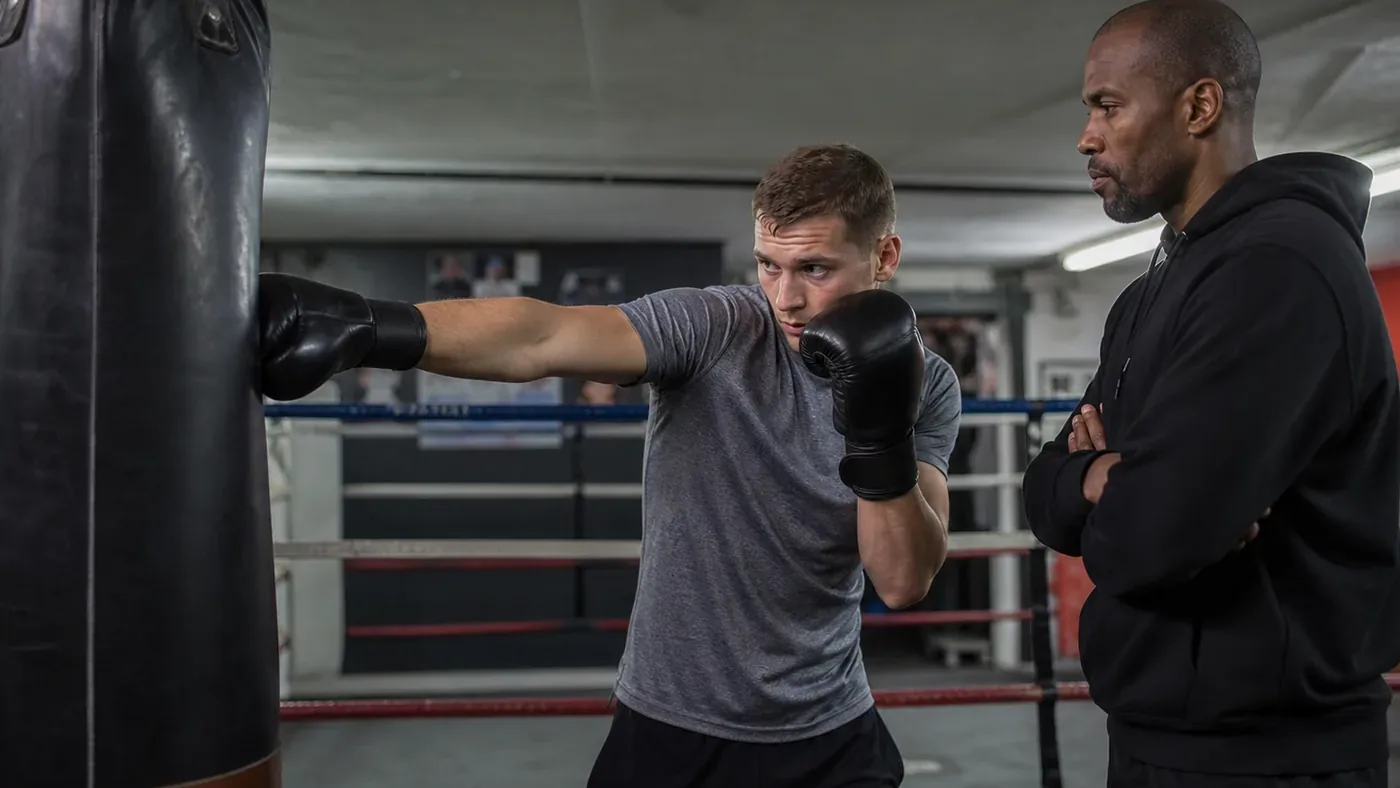 Boxer landing a controlled straight punch on the heavy bag while a coach watches alignment