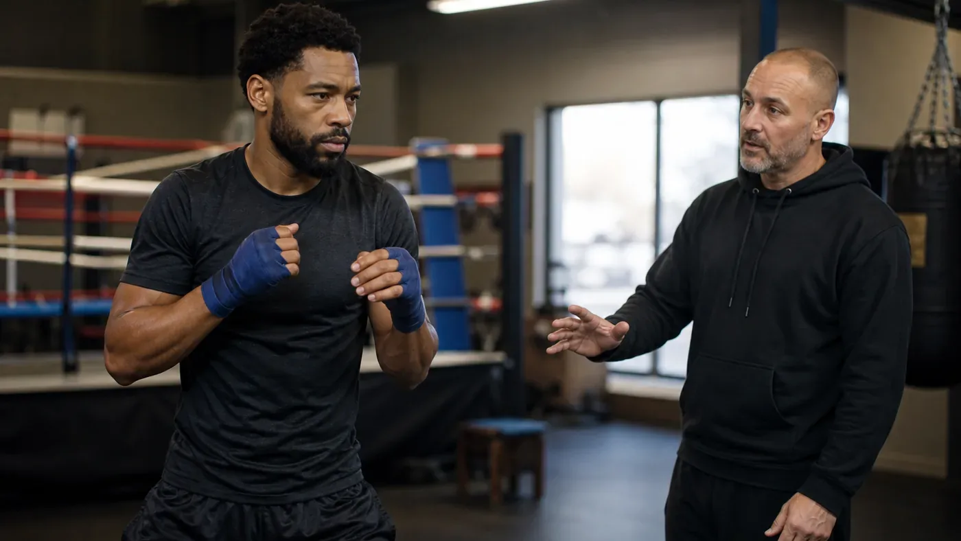 Coach guiding a boxer through light shadowboxing before returning to impact work