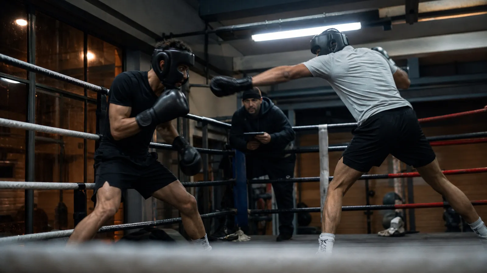 A boxer listening to coaching advice between controlled sparring rounds