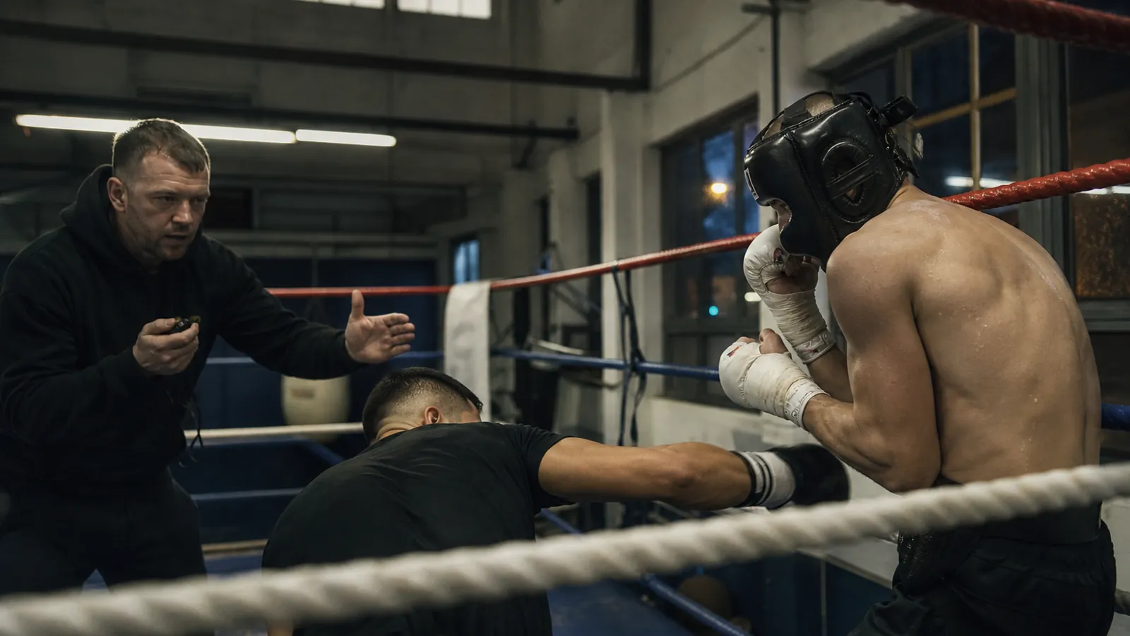 Two focused boxers working under pressure in a serious gym setting