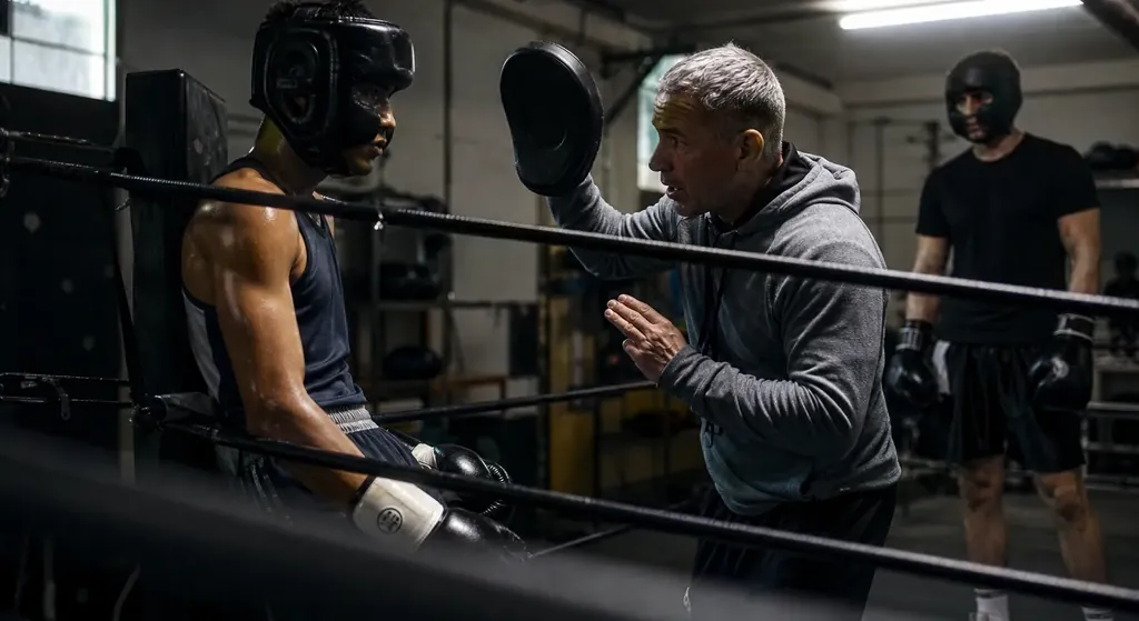 Two focused adult boxers training under fight-week pressure in a serious boxing gym