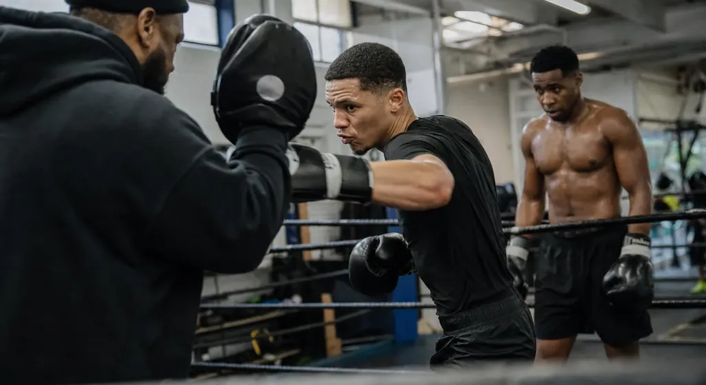 A boxing coach watching two adults practise stance discipline and clean exits