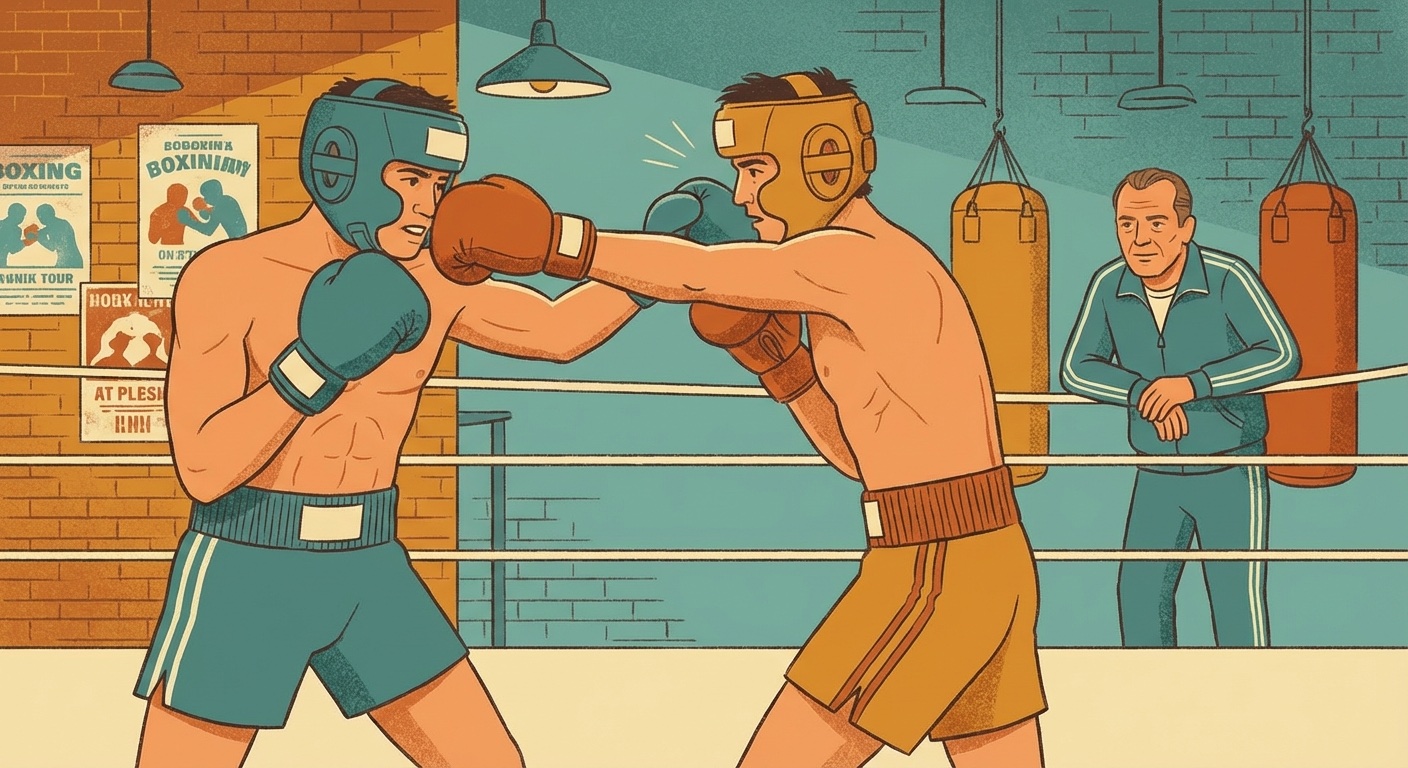 Controlled sparring practice between two boxers