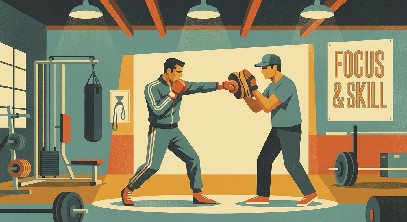 Boxer on focus mitts with trainer