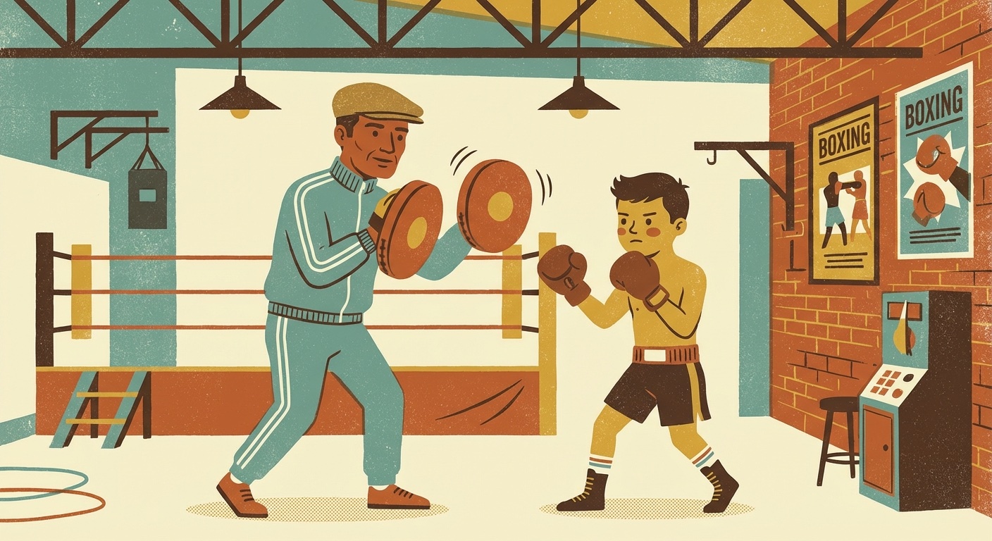 Coach teaching young boxer technique on pads