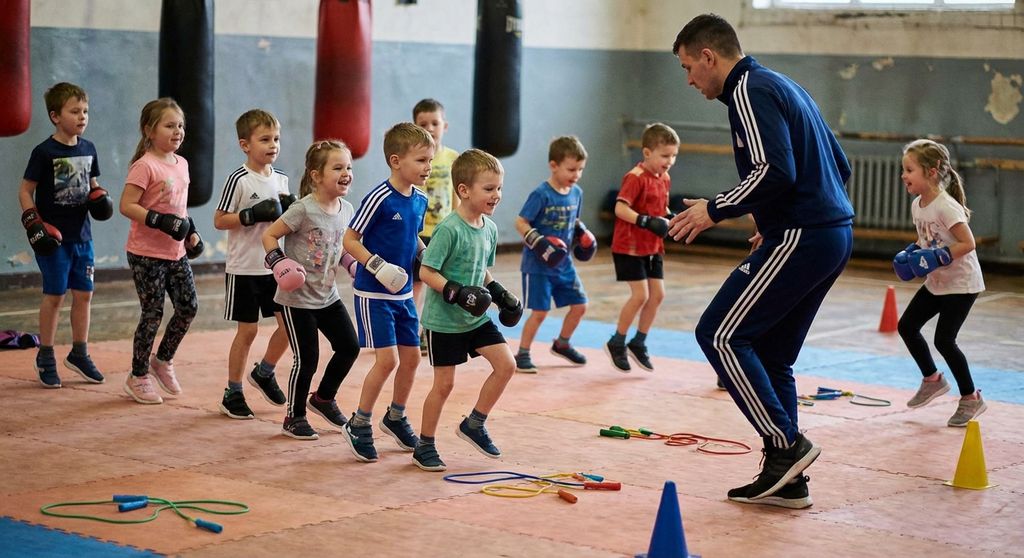 Young children learning boxing footwork in a group class
