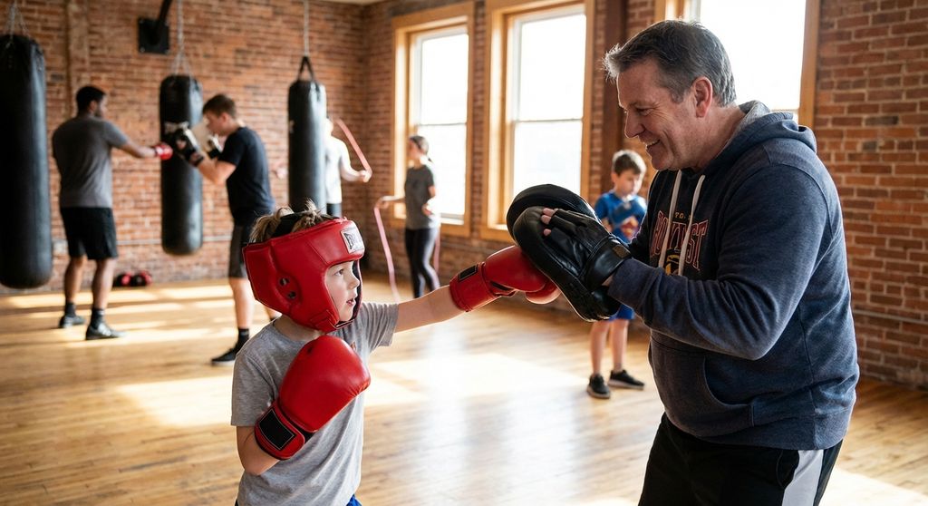 Child hitting focus pads held by a coach in a community boxing gym