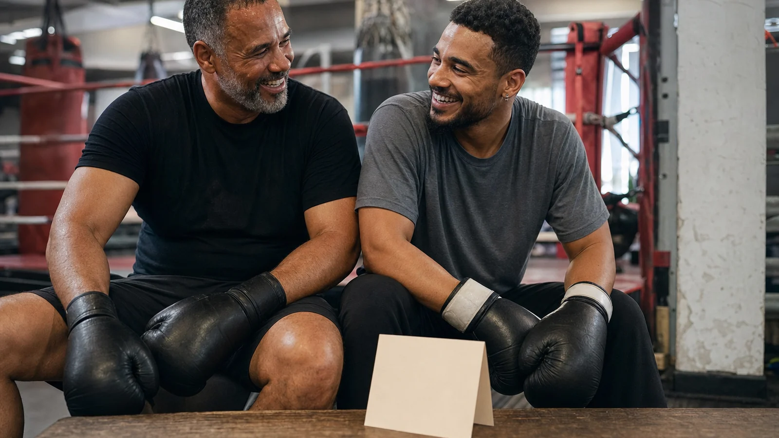 A dad and adult child smiling after a beginner-friendly boxing gift session