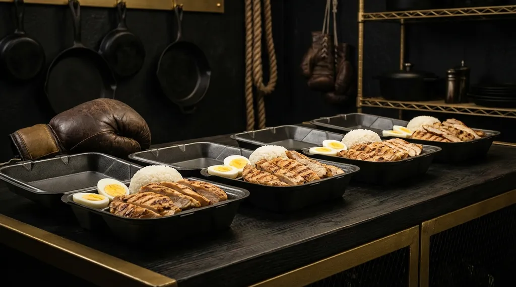 A training meal set out for a heavyweight boxer - chicken, rice, eggs and steak
