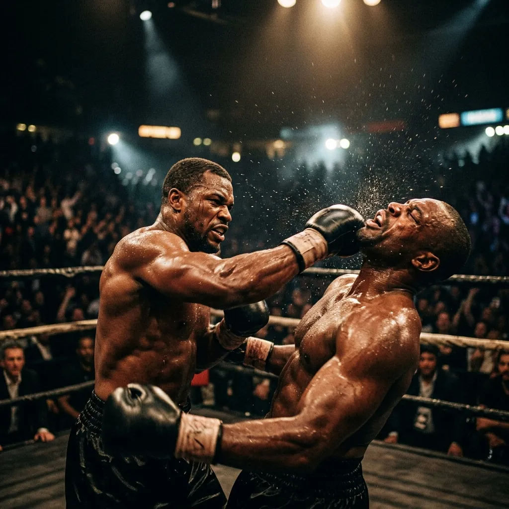 Heavyweight boxer landing a devastating uppercut during a fight under dramatic ring lighting