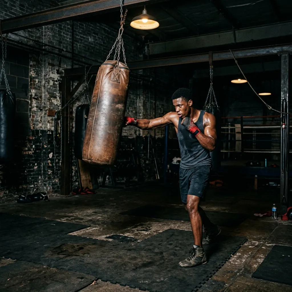 Young boxer training on the heavy bag in a dimly lit community boxing gym