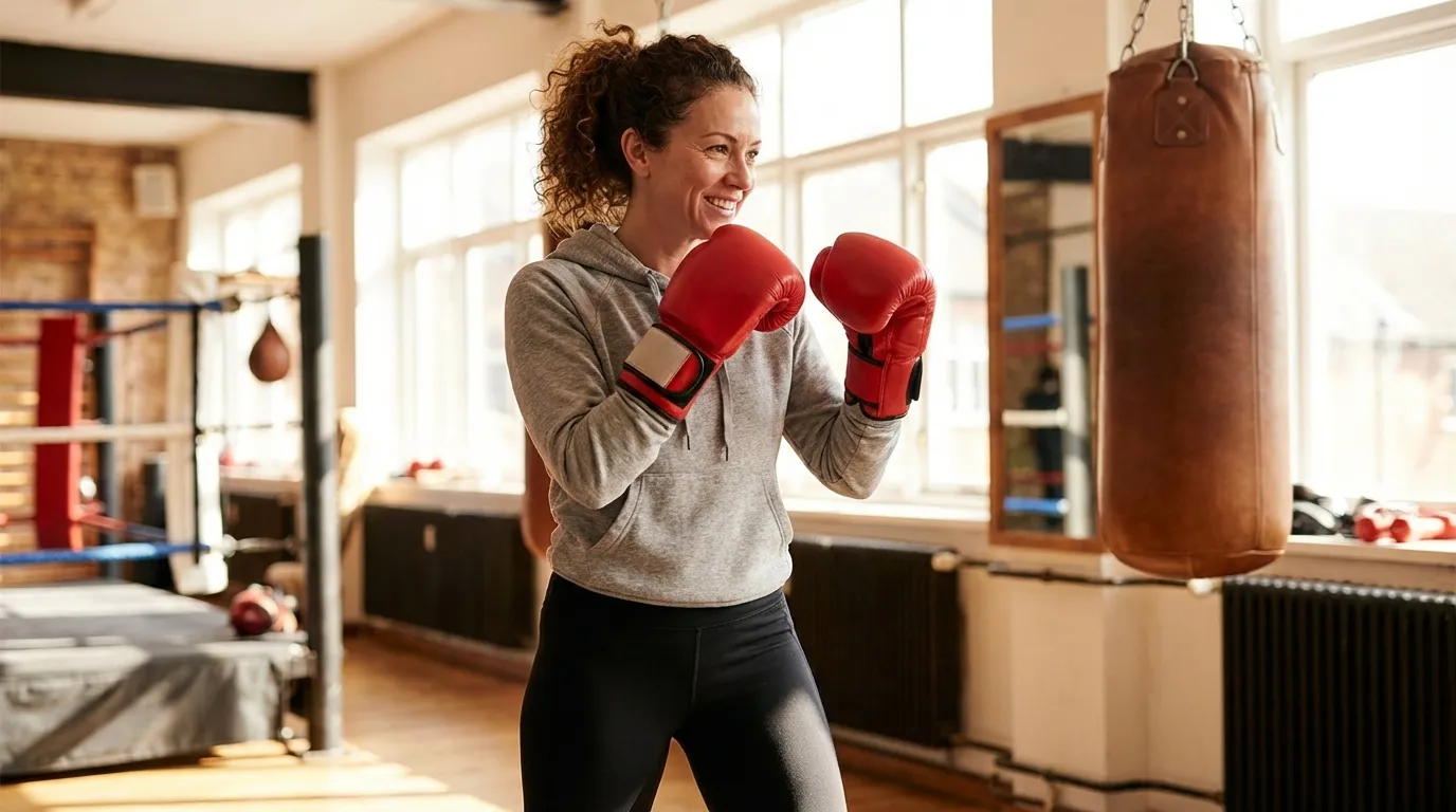 A woman in boxing gloves smiling confidently in a gym, ready to train at a women's boxing class
