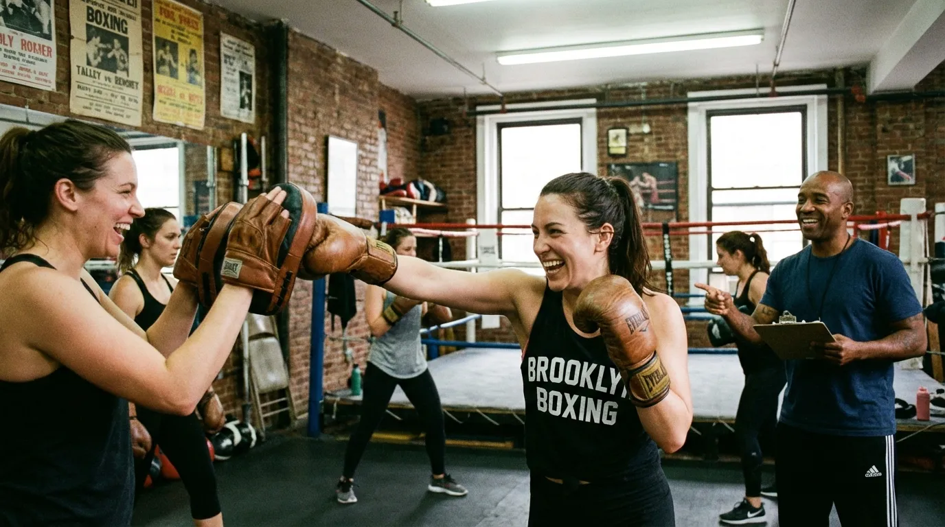 Two women doing pad work in a boxing class, one holding focus mitts while the other throws a combination