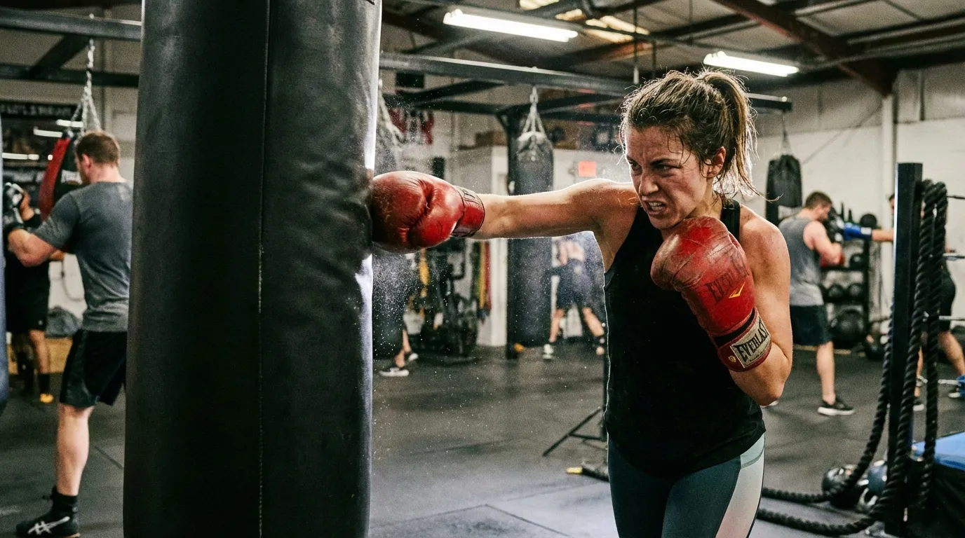 A woman hitting a heavy bag in a boxing gym, determined expression, gym equipment visible in background