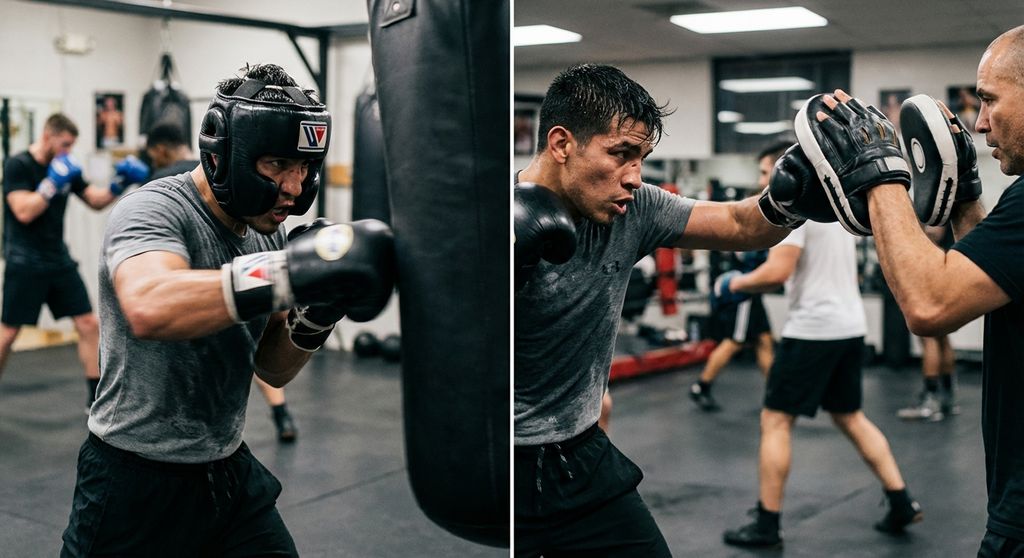 Boxer on heavy bag and pads - non-contact boxing training. No sparring but full