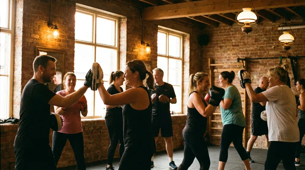 Group boxing session at a community mental health gym - warm, supportive atmosphere