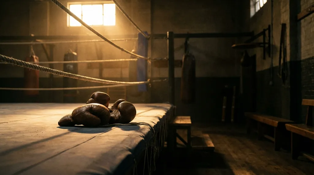 Boxing gloves resting on a ring in a quiet community gym