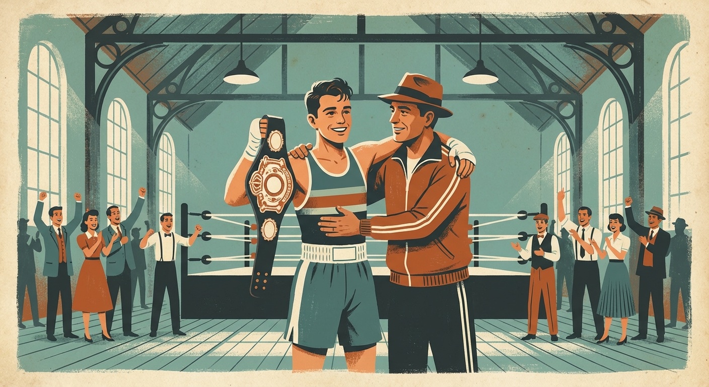 Junior boxer celebrating a belt win with coach