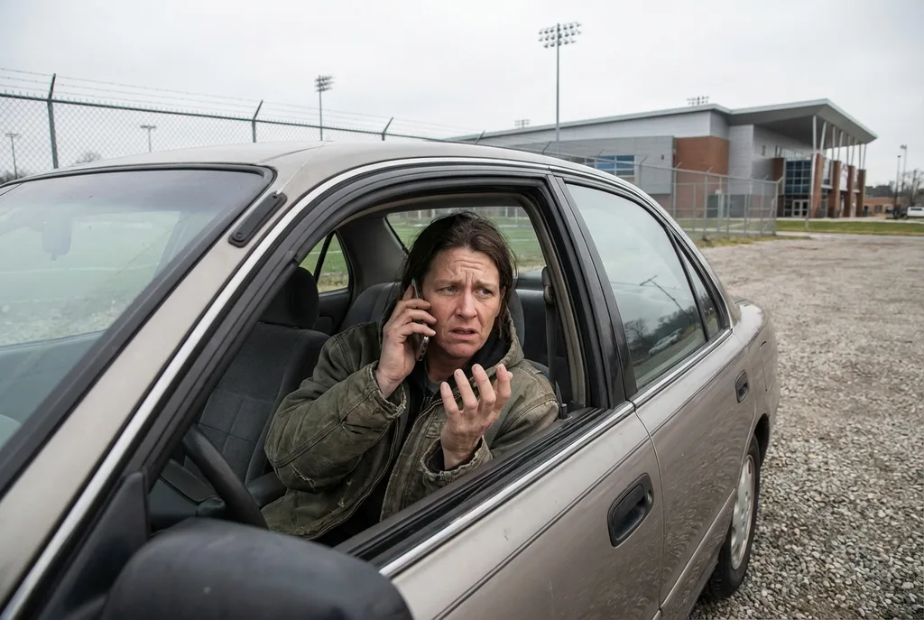 A person making a phone call outside a sports centre, seeking advice about a concern