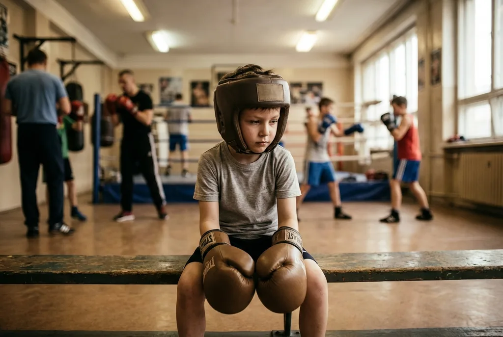 A child boxer who appears uncertain, body language suggesting discomfort
