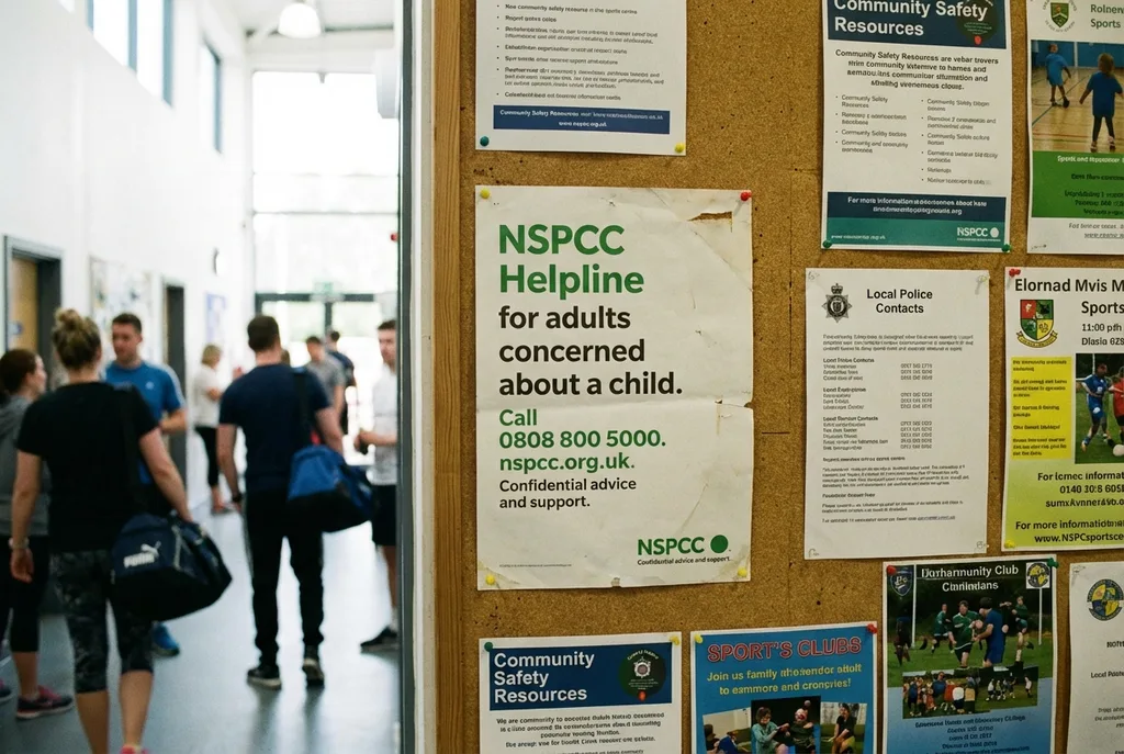 NSPCC child protection resources visible in a community sports centre