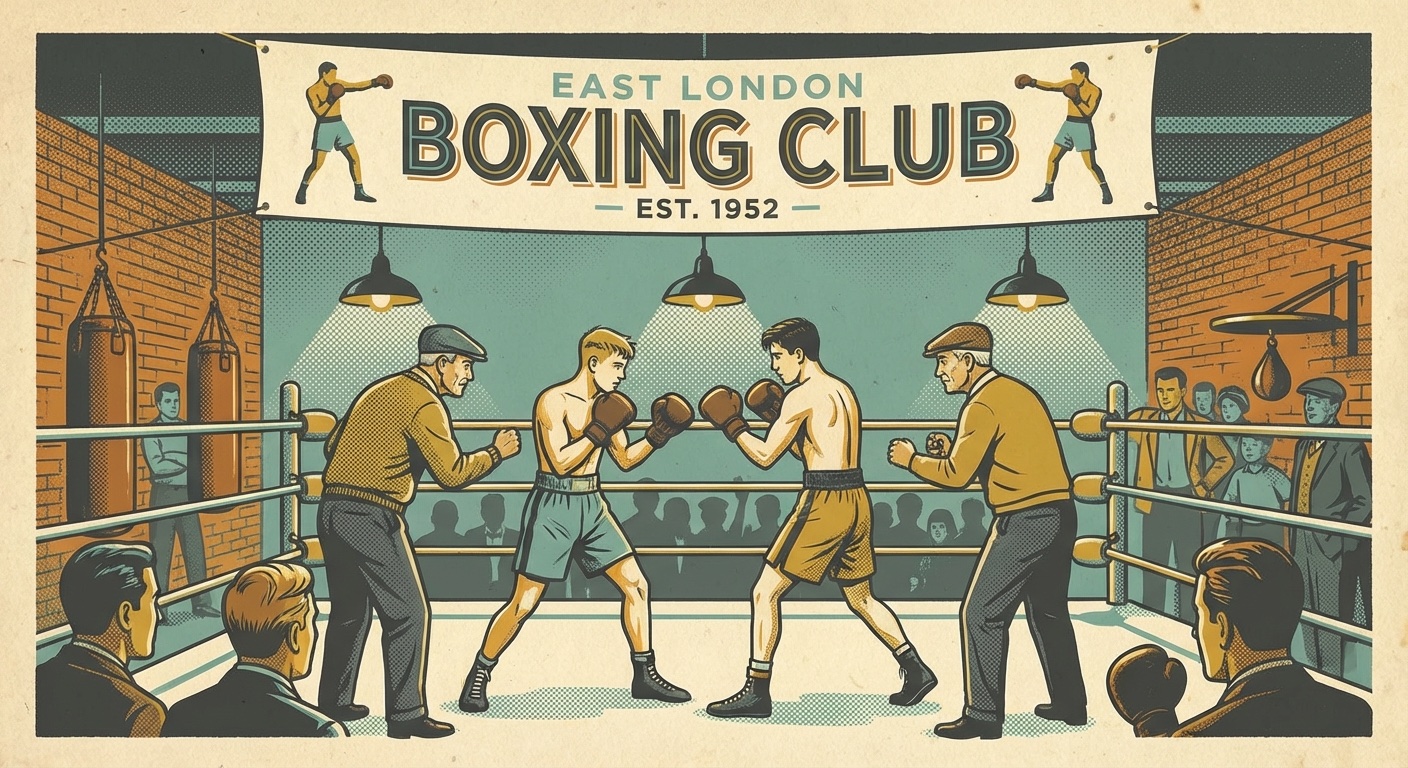 East London boxing gym training session from the 1950s era