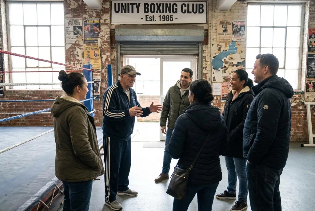 Boxing coach speaking openly with parents at ringside, transparent community environment