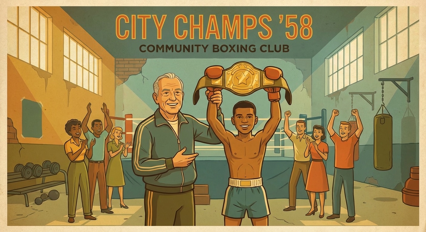 Coach celebrating with young fighter after championship belt win