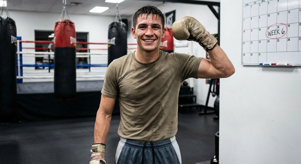 Boxer at the end of a 6-week challenge - fitter, more confident, proud of result