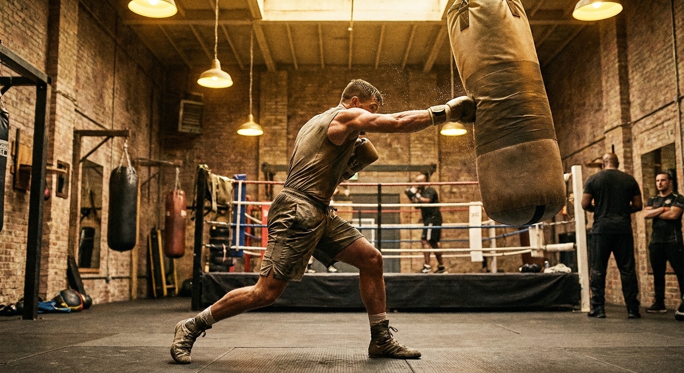 Boxer training on the heavy bag, full body engaged