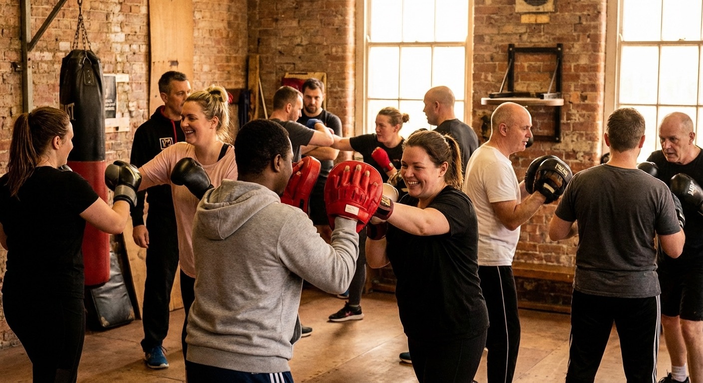 Group boxing class working on pad drills together