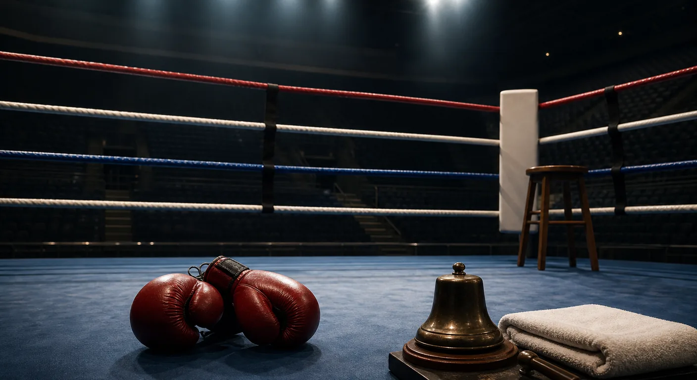 Modern boxing ring with gloves, stool and bell showing the order behind the sport