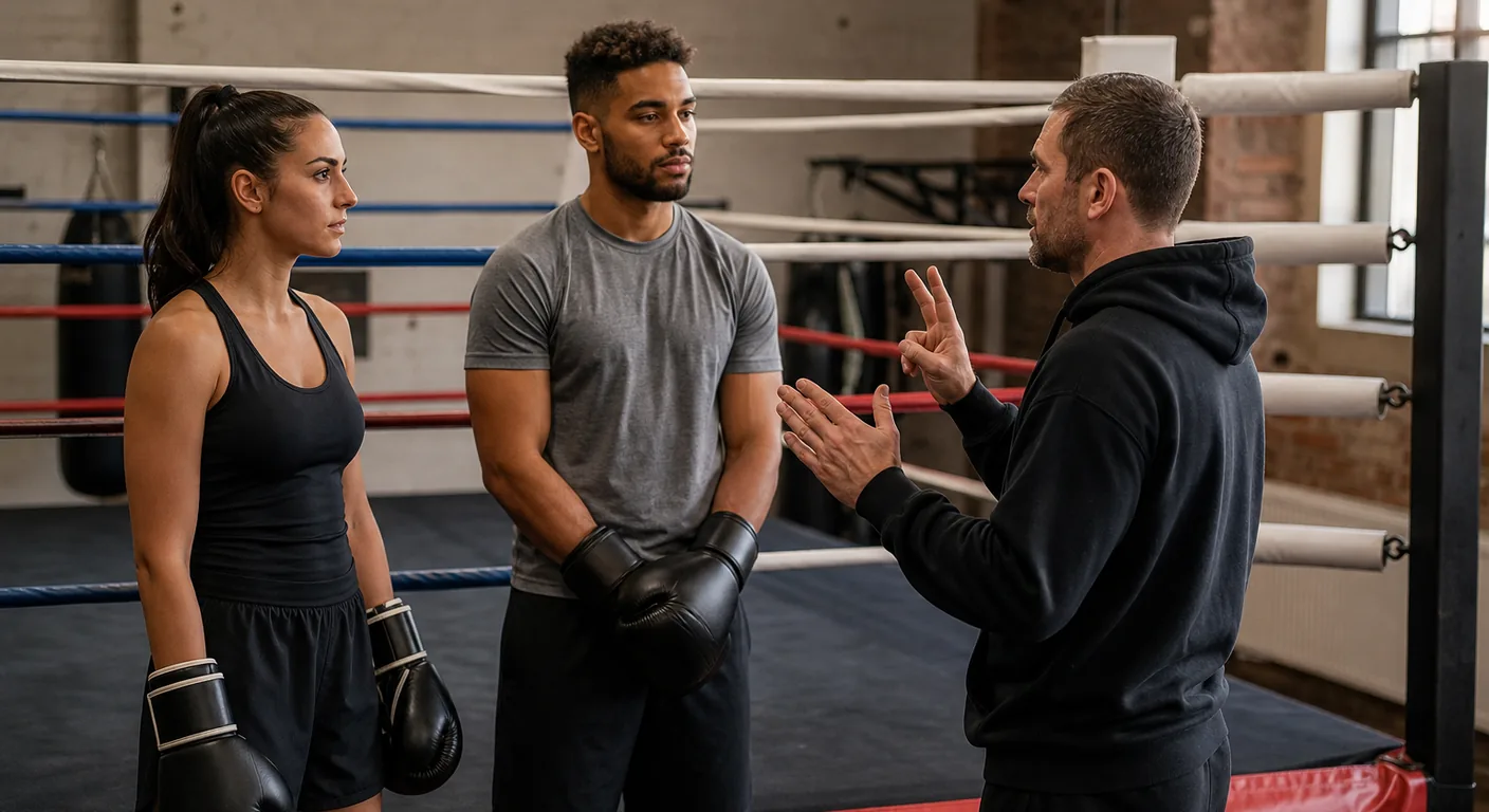 Coach explaining a knockdown count and neutral-corner rule in a modern boxing gym