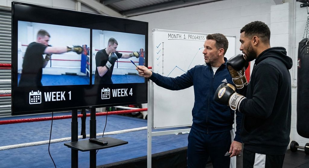 Coach reviewing technique milestones with boxer at end of first month of training