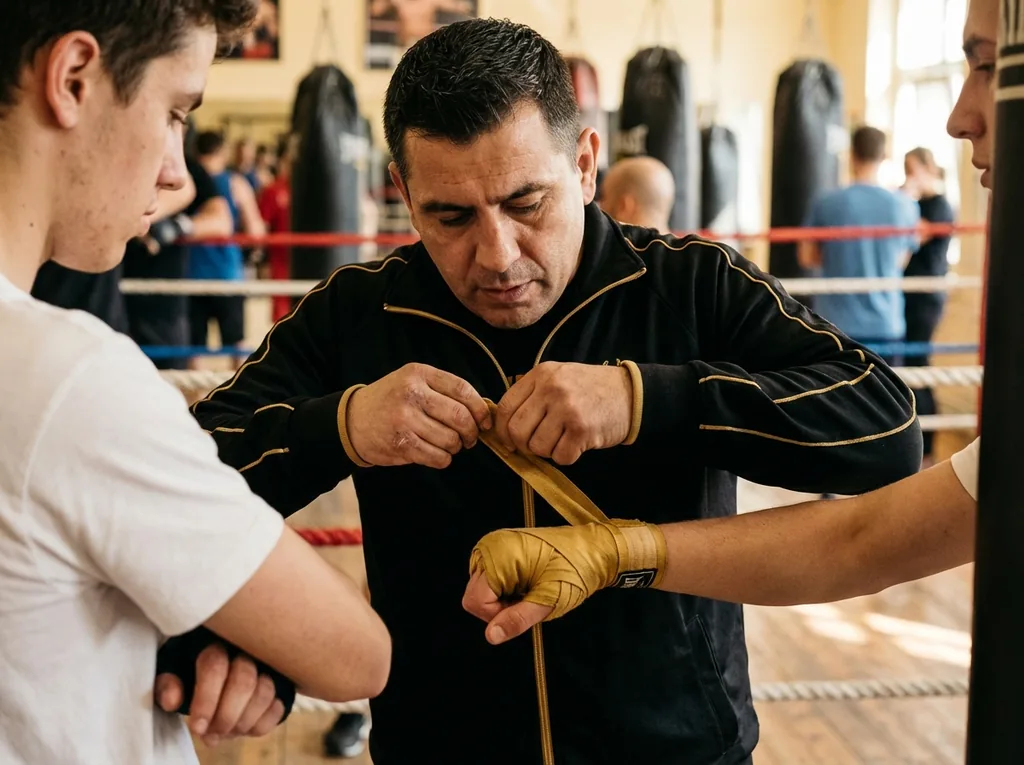 Coach checking a beginner's hand wraps and wrist support before heavy bag work