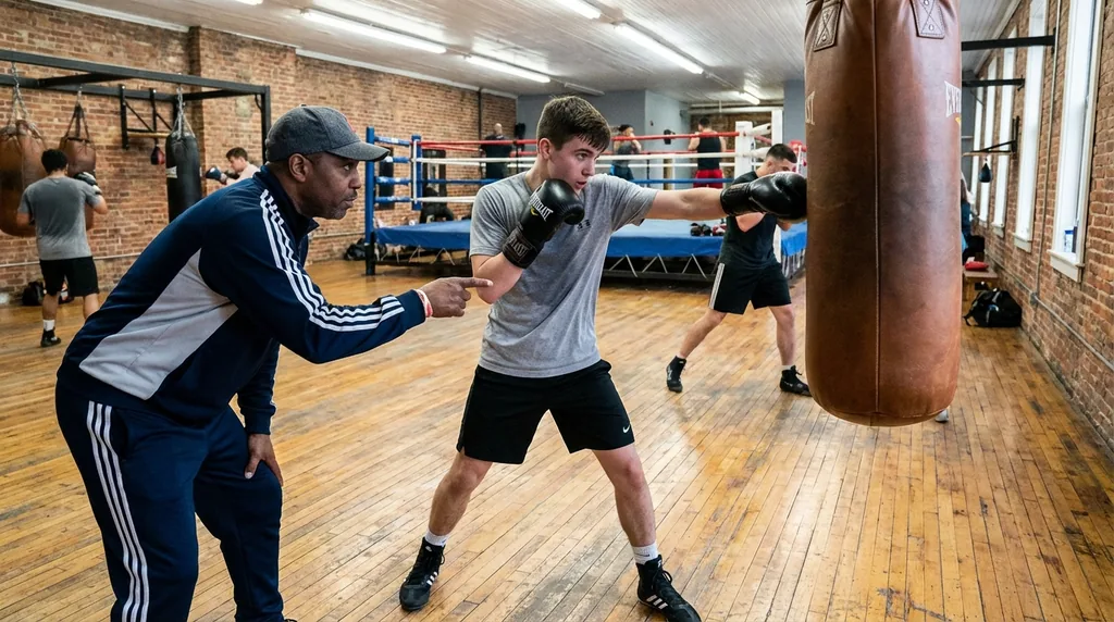 Beginner boxer landing a straight punch on the heavy bag with a coach watching wrist alignment