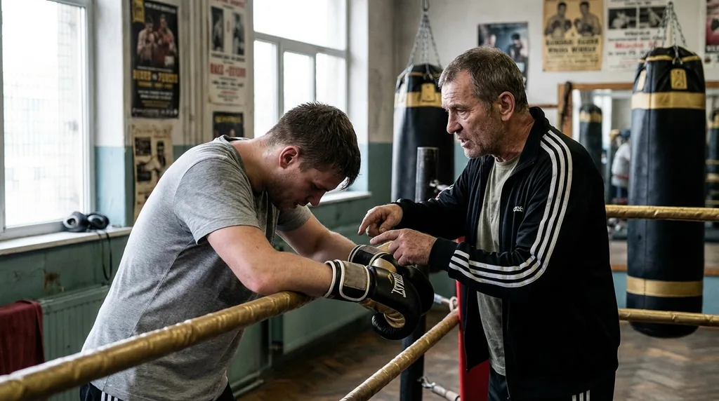Coach speaking to a beginner between rounds while they rest sore wrists on the ring ropes