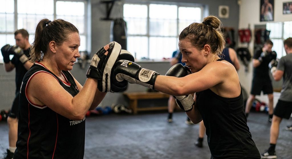 Woman hitting pads with female coach in a boxing gym