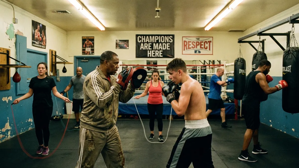 Community boxing gym with a coach holding pads for a young boxer