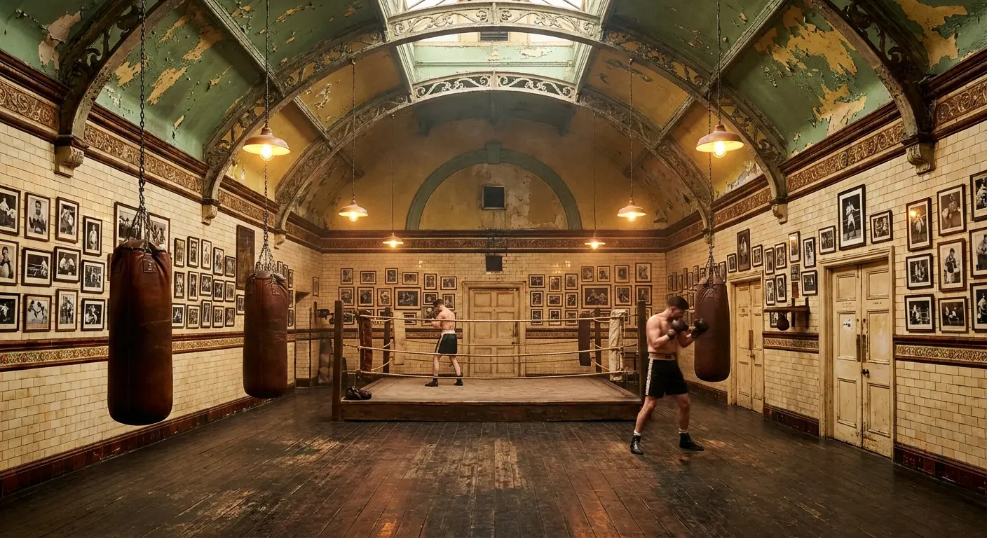 Artist's impression of a boxing gym in a converted Victorian bathhouse, with glazed tiles and champion photographs on the walls