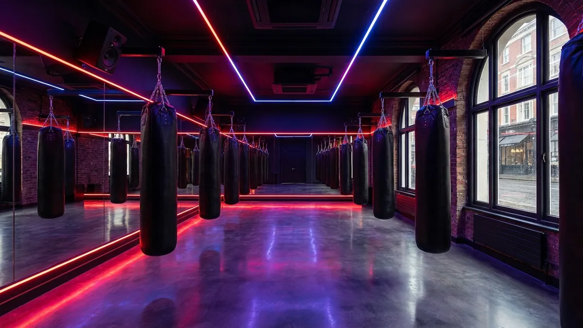 Modern boutique boxing fitness studio with sleek heavy bags and neon lighting