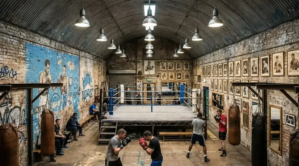 Artist's impression of Fitzroy Lodge boxing club under a railway arch with corrugated domed roof and exposed brick walls