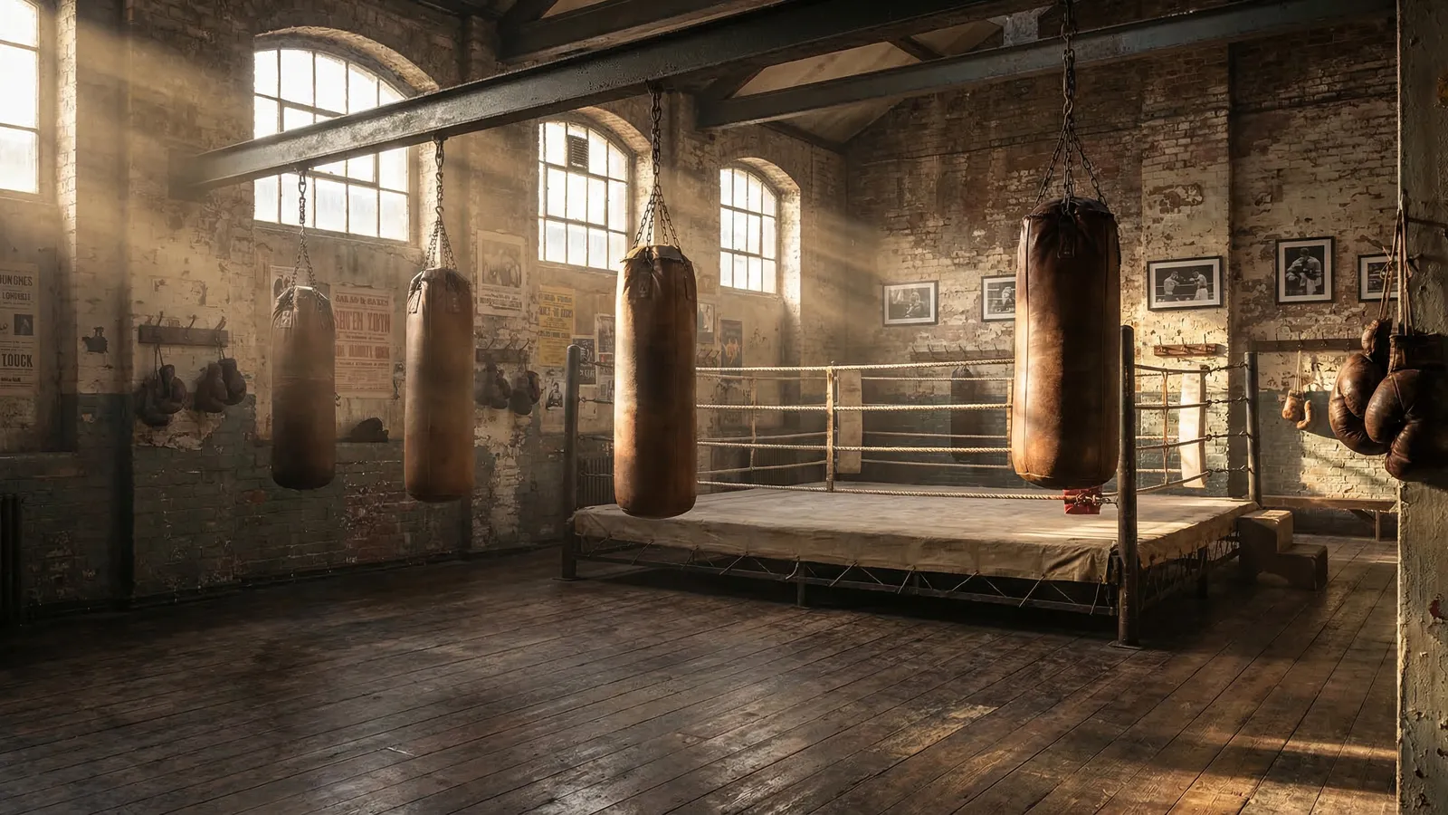 Interior of a traditional London boxing gym with heavy bags and golden light