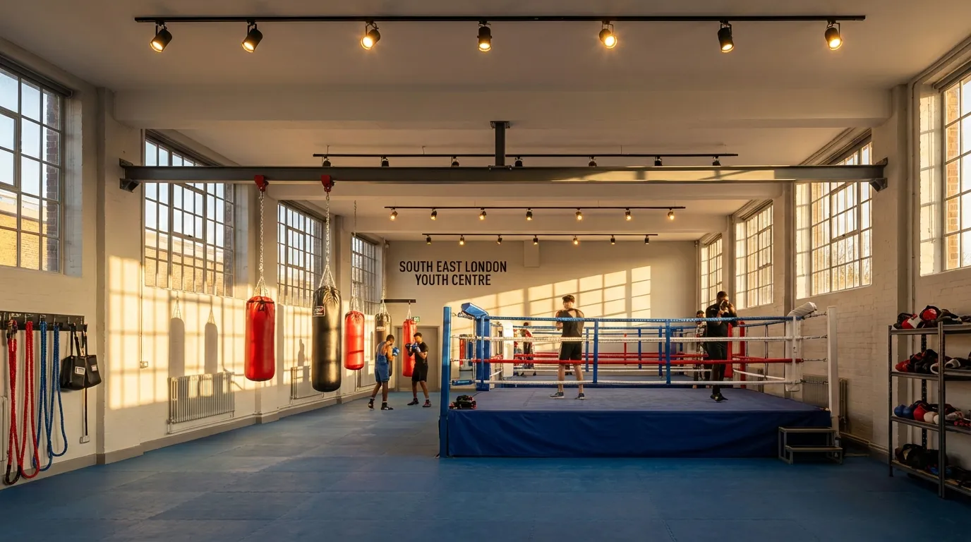 Artist's impression of Honour and Glory Boxing Club in Kidbrooke, a modern community boxing gym inside a youth centre with blue ring, heavy bags, and natural light through large windows
