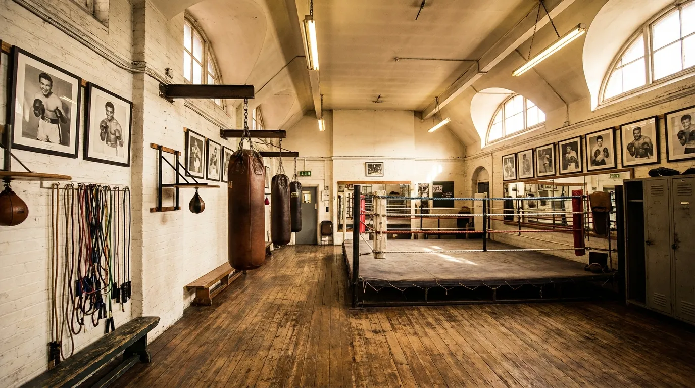 Artist's impression of Islington Boxing Club, a traditional amateur boxing club with white-painted brick walls, champion photographs, wooden floor, and a boxing ring bathed in natural light