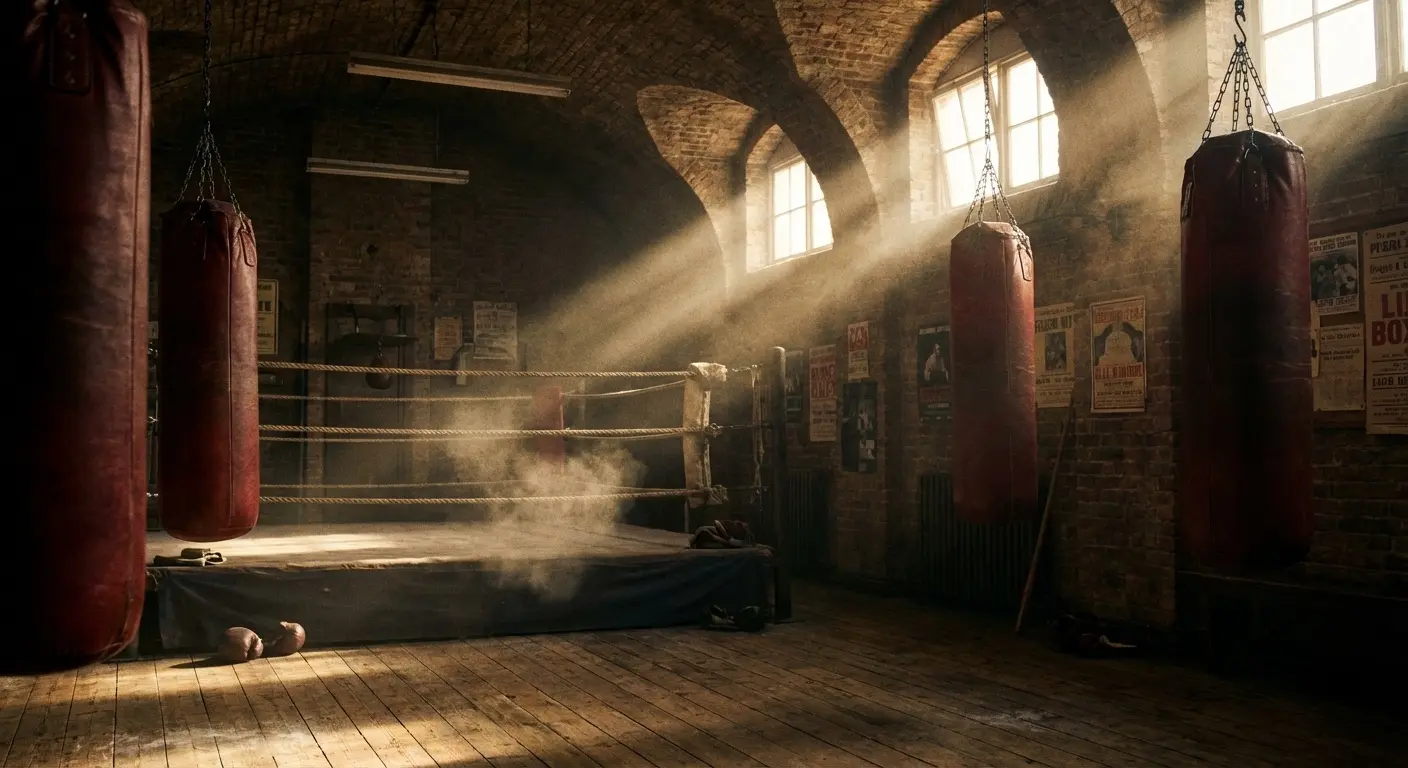 Heavy bags hanging in a traditional London boxing gym with afternoon light through high windows
